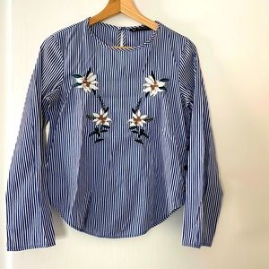 Zara blue and white striped blouse Front embroidery detail and gold side buttons